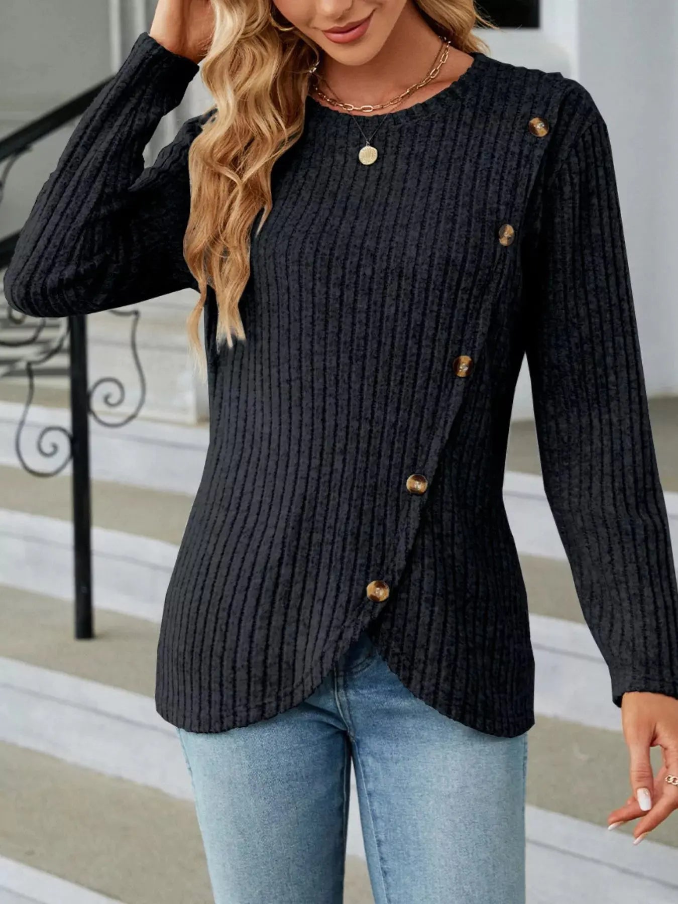 Decorative Button Ribbed Knit T Shirt