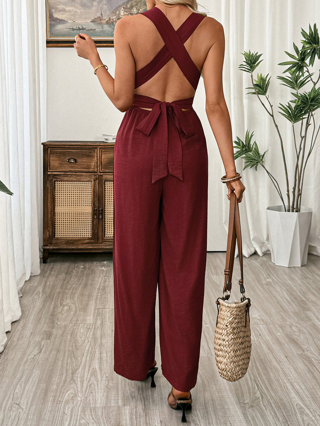 V Neck Sleeveless Wide Leg Jumpsuit