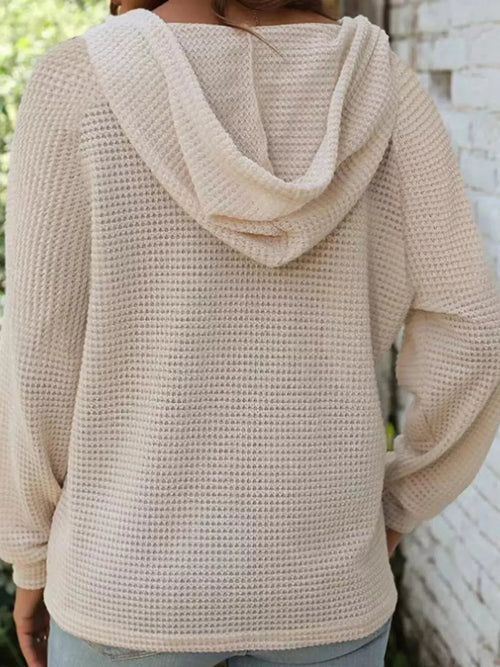 Casual Button Detail Waffle Knit Hoodie
