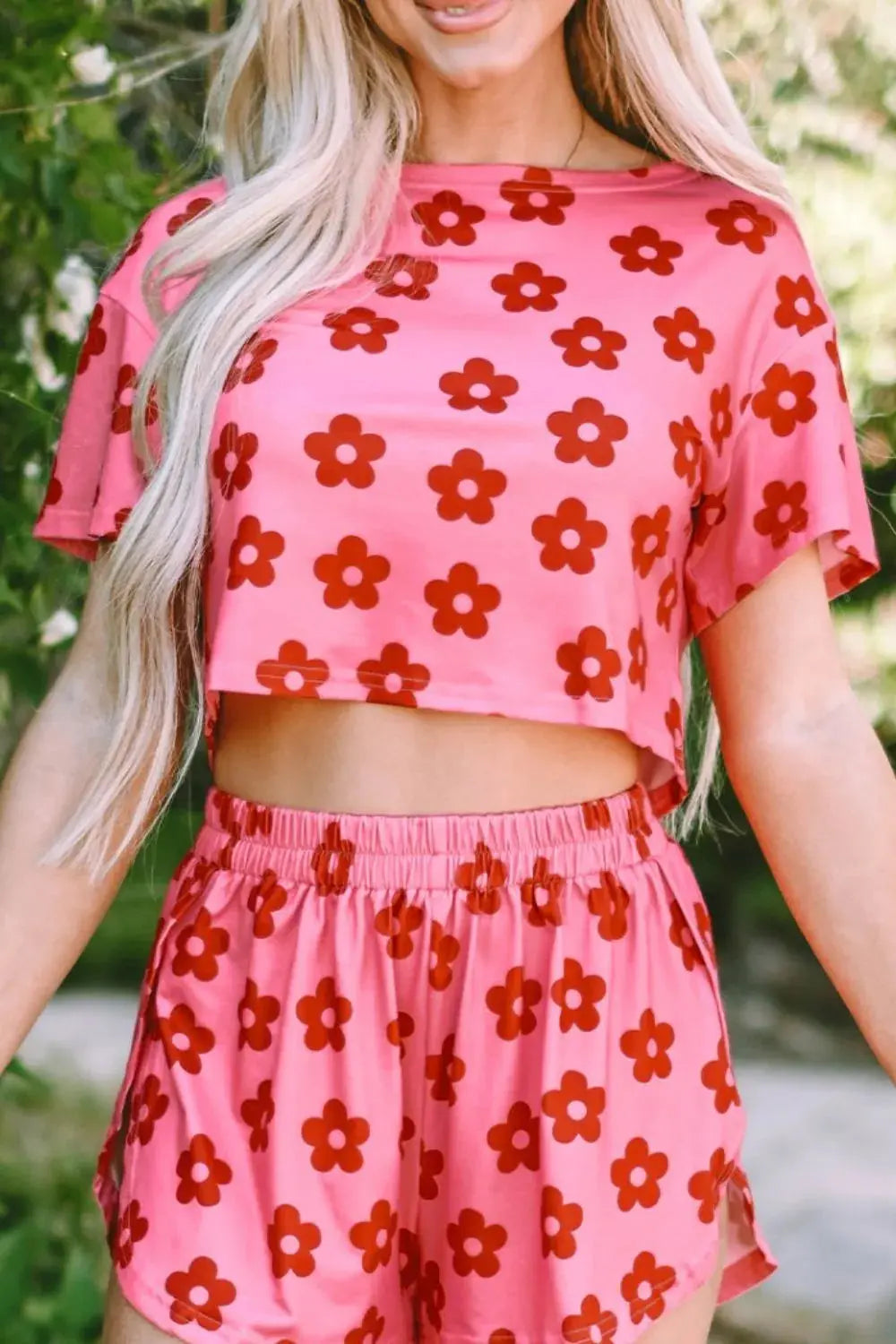 Pink & Red Floral Cropped Tee and Shorts Womens Loungewear Set