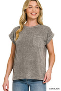 Zenana Halo Snow Washed Cuffed Short Sleeve Shirt
