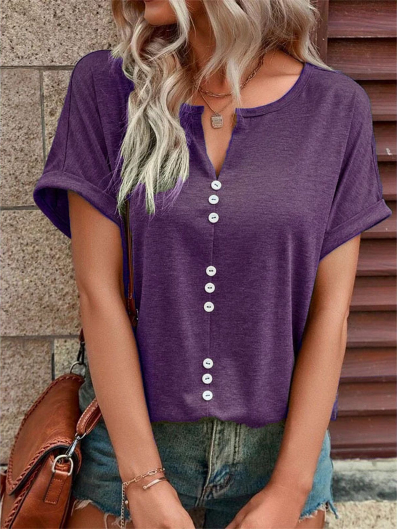 Full Size Decor Button Short Sleeve T Shirt