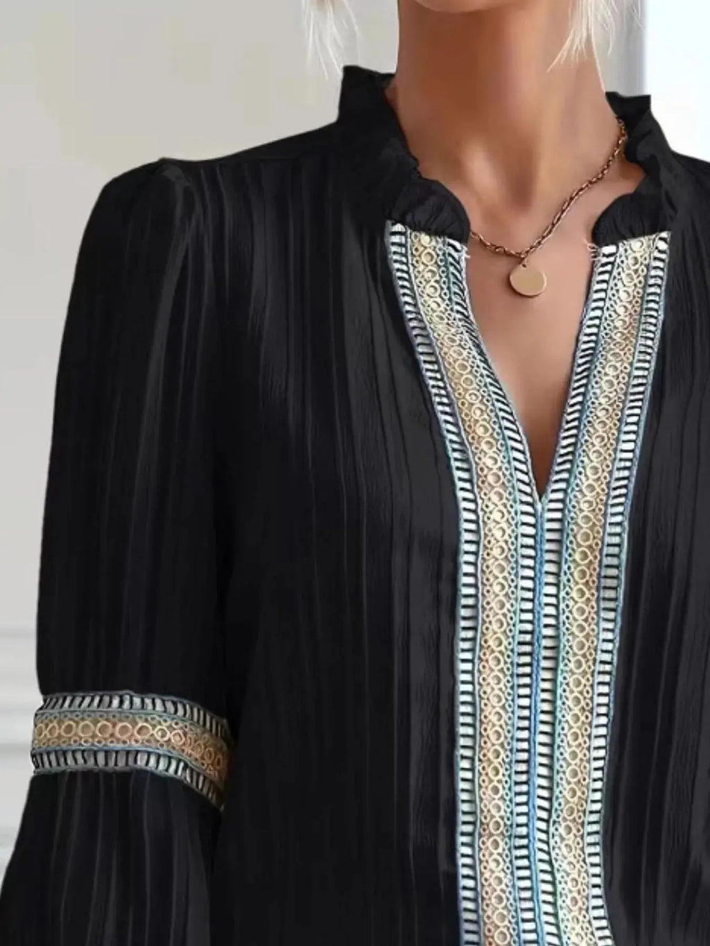 Textured Notched Balloon Sleeve Elegant Blouse