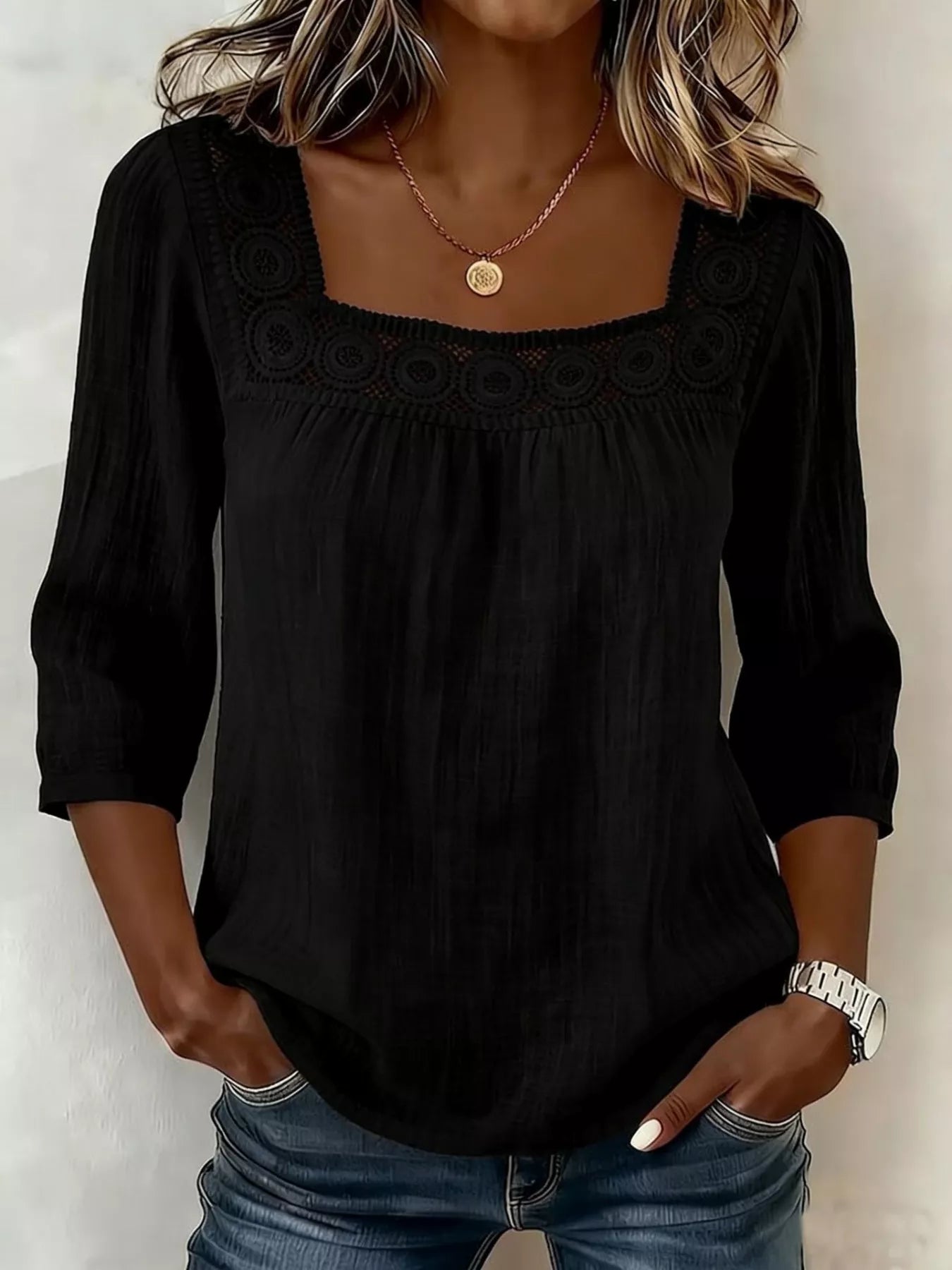 Crochet Trim Square Neck Blouse