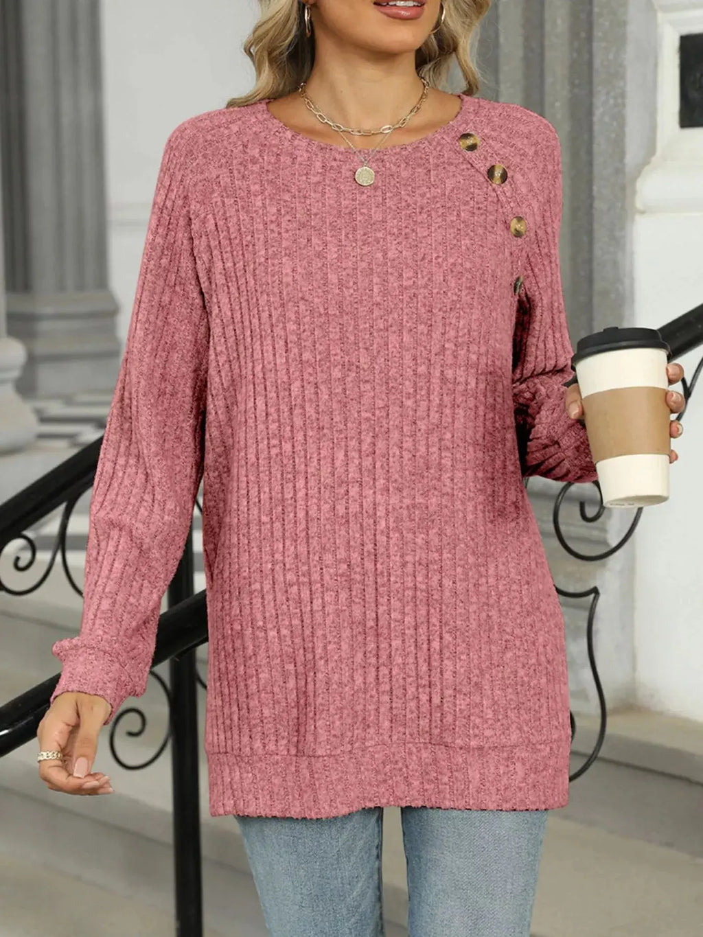 Cozy Chic Ribbed Button Detail Long Sleeve Tunic