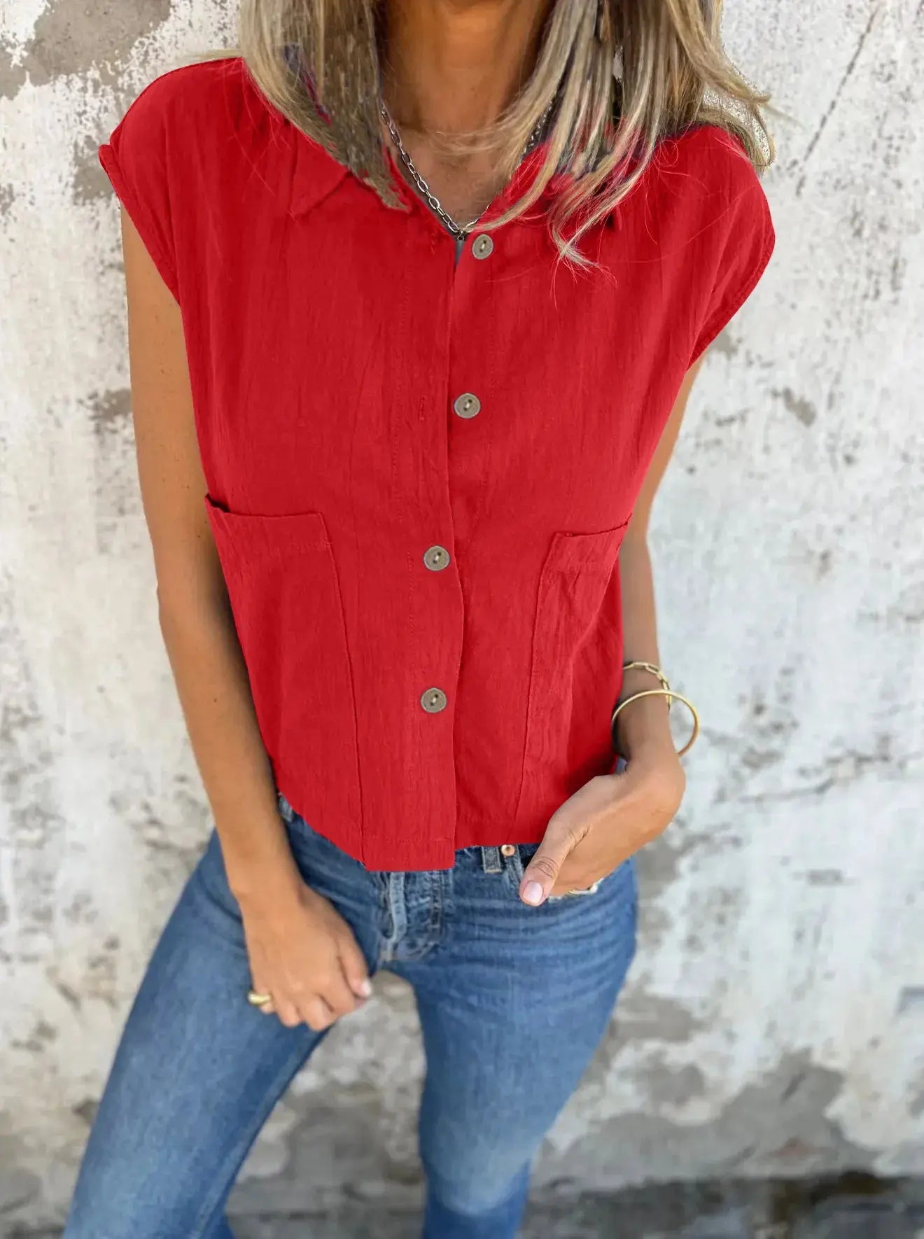 Full Size Cap Sleeve Button Down Linen Shirt