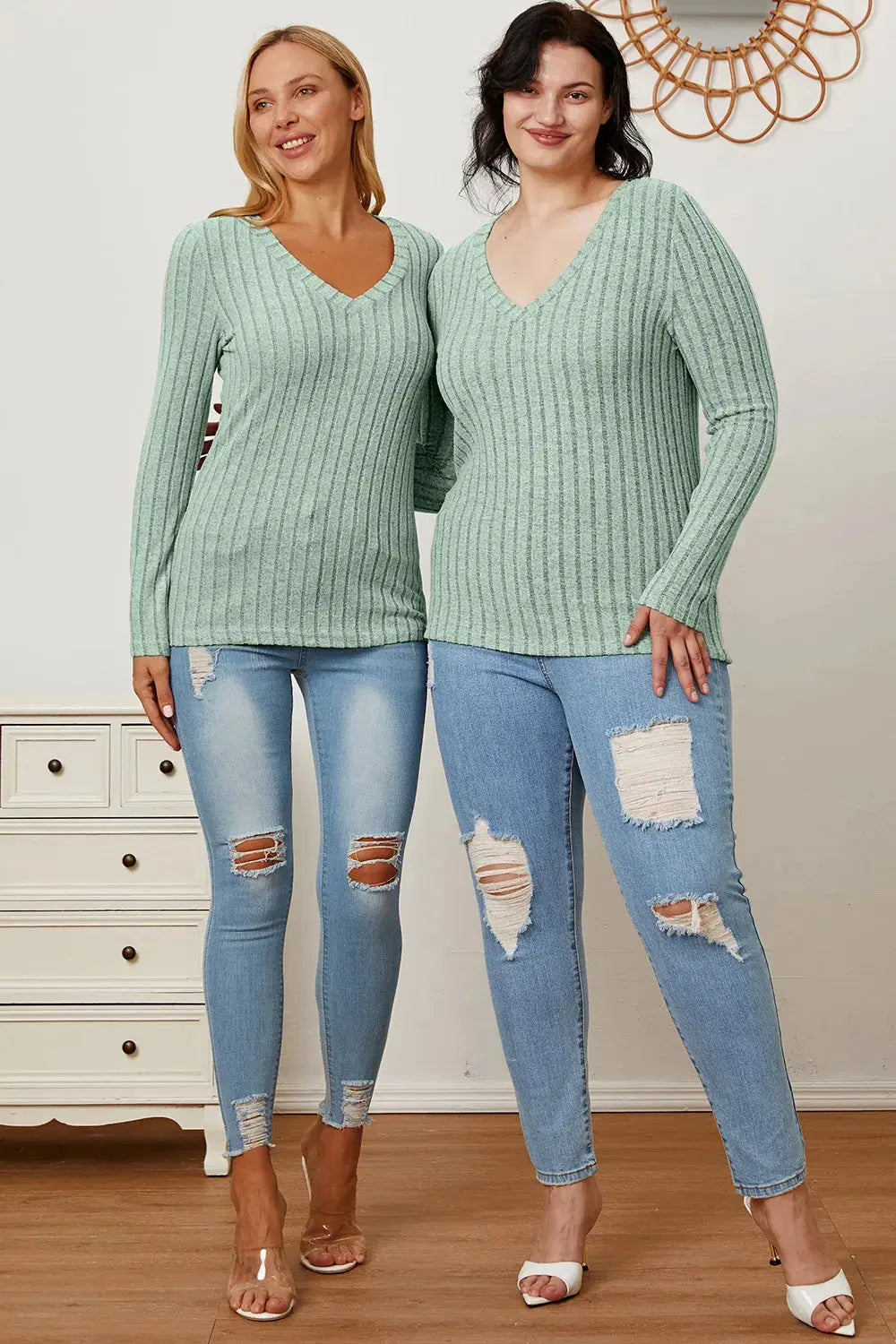 Basic Bae Full Size Ribbed V-Neck Long Sleeve T Shirt for Women