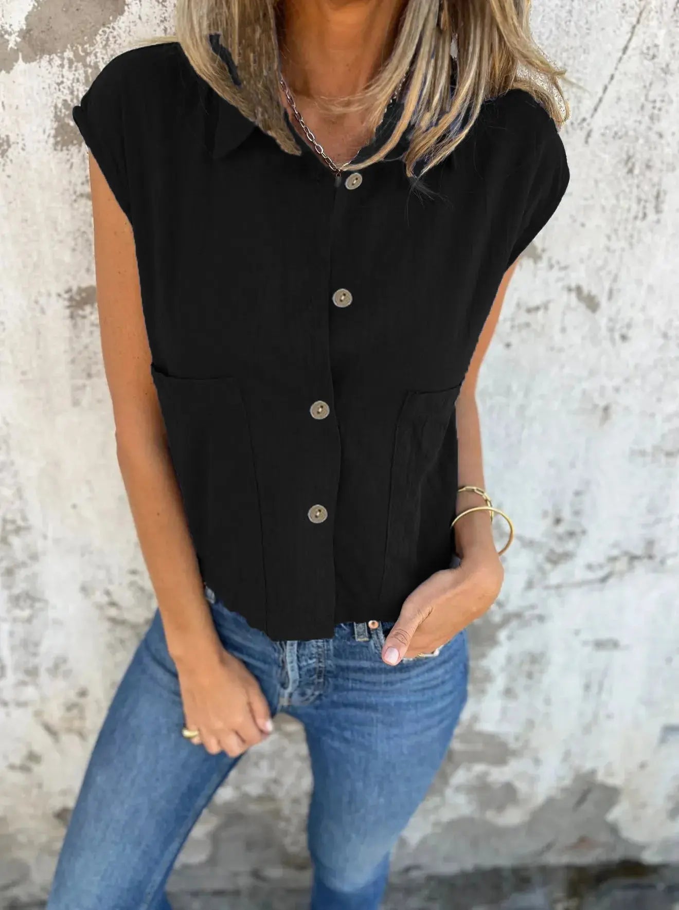 Full Size Cap Sleeve Button Down Linen Shirt