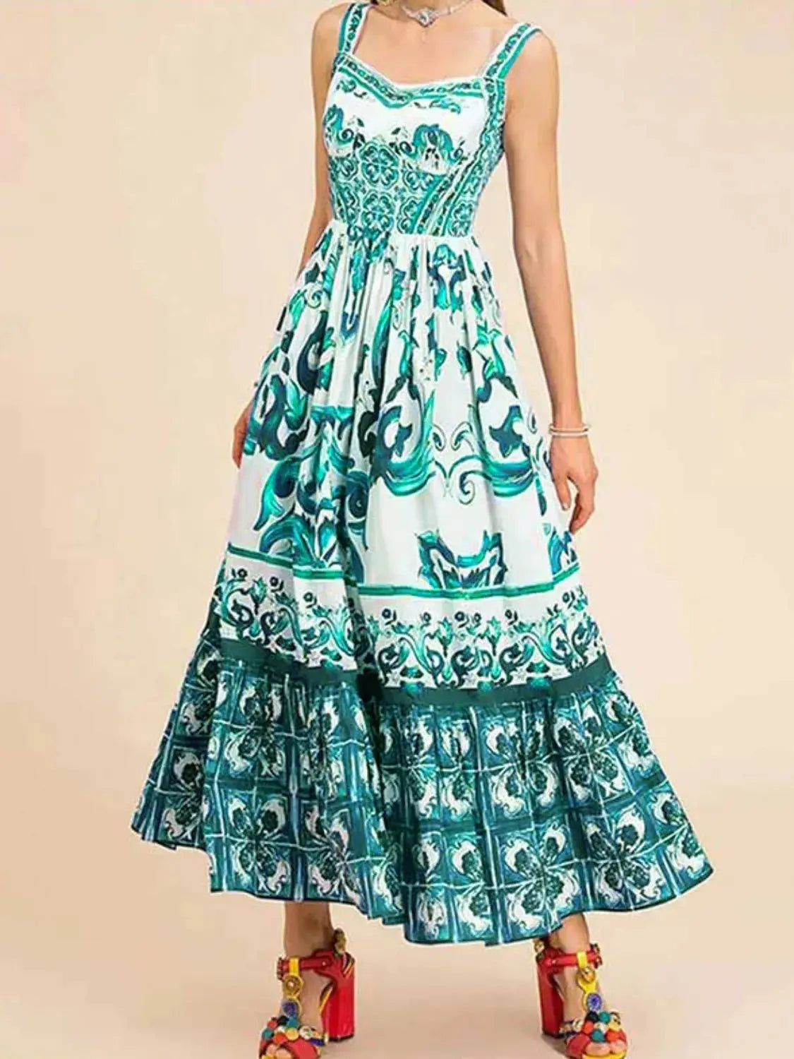 Smocked Blue Tile Print Wide Strap Midi Dress