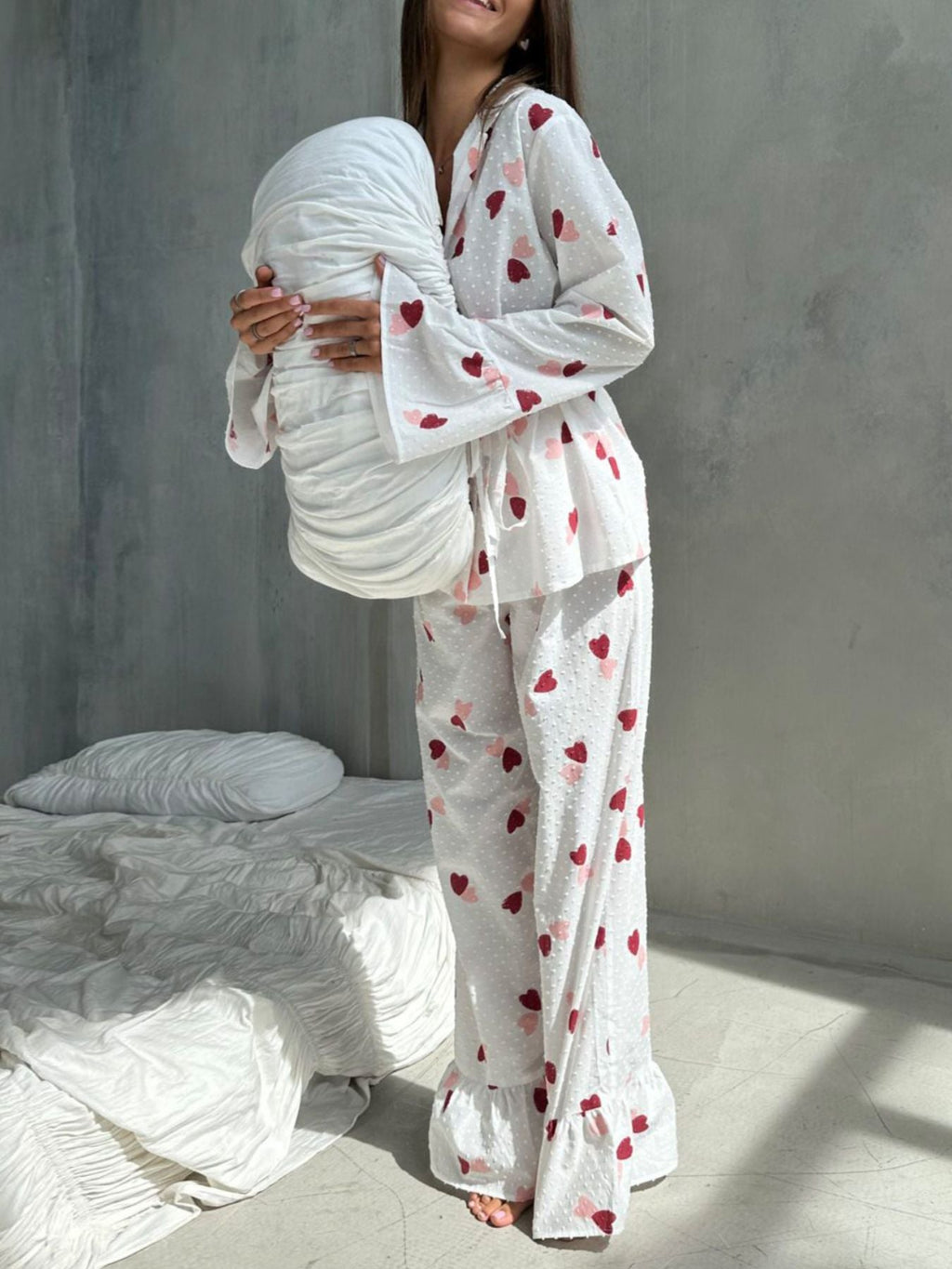 Heart Print Ruffle Trim Button-Up Cotton Lounge Set
