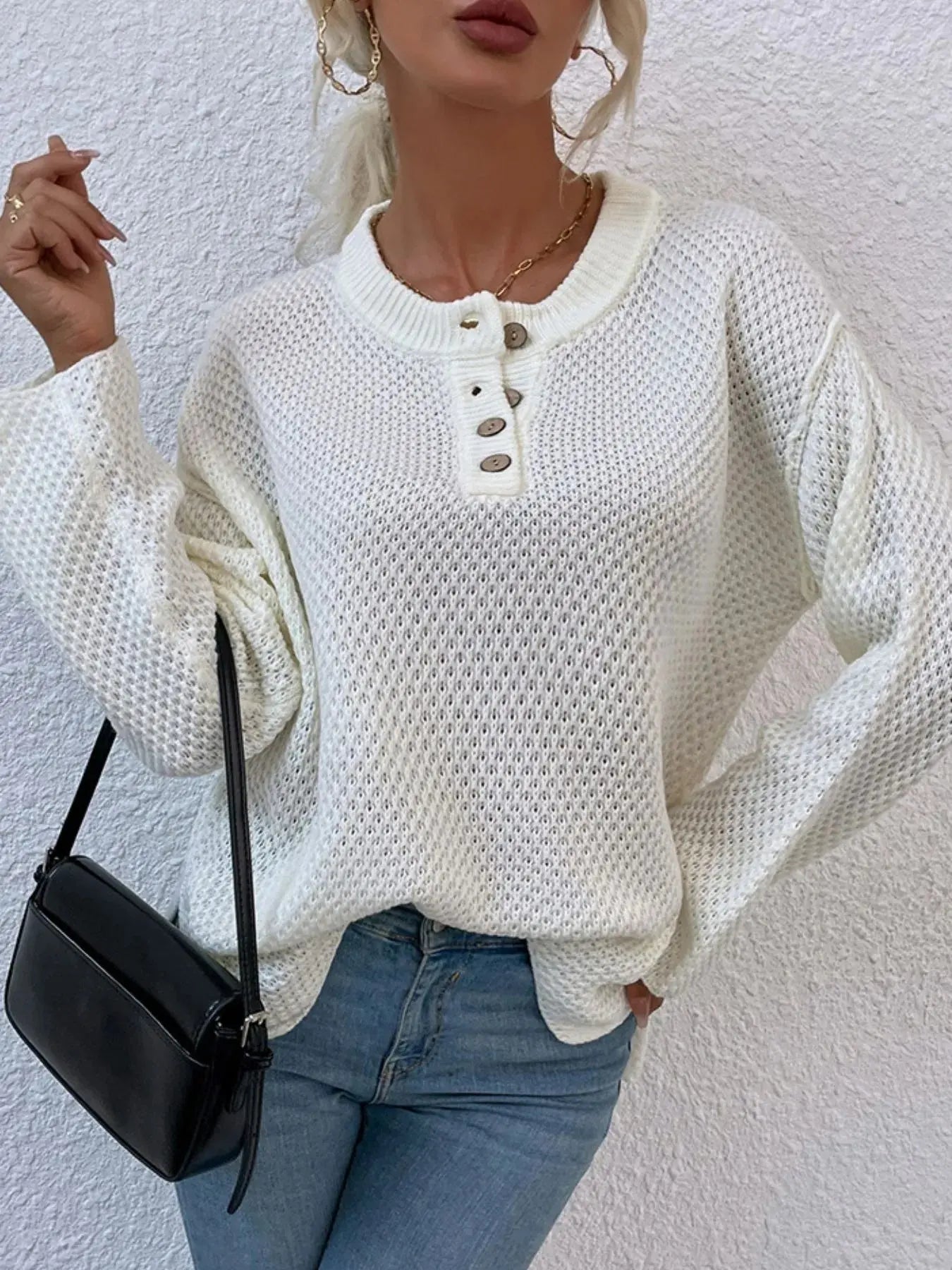 Waffle-Knit Button Detail Long Sleeve Knit Top
