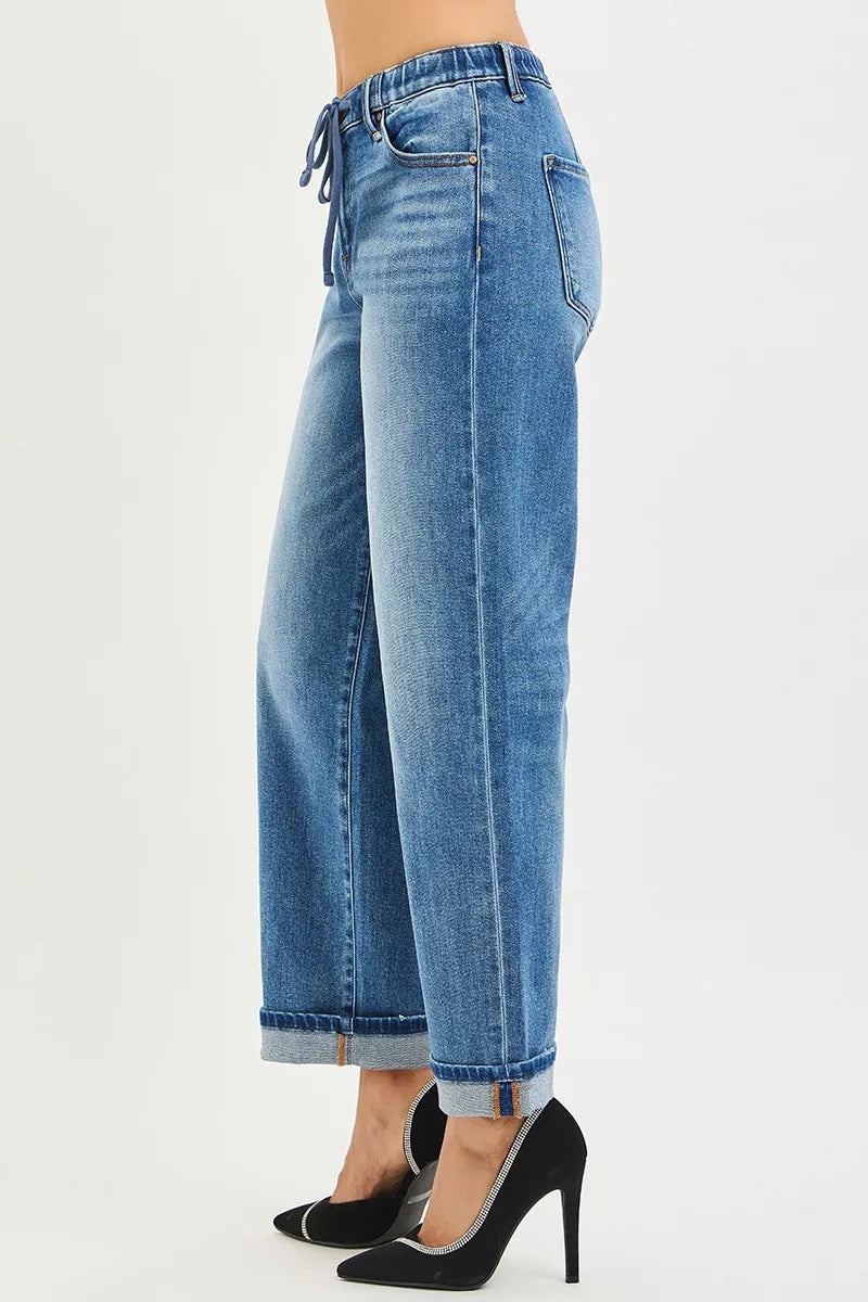 RISEN Jeans - Elastic Waist Slouchy Boyfriend Ankle Jeans with Cuffed Hem