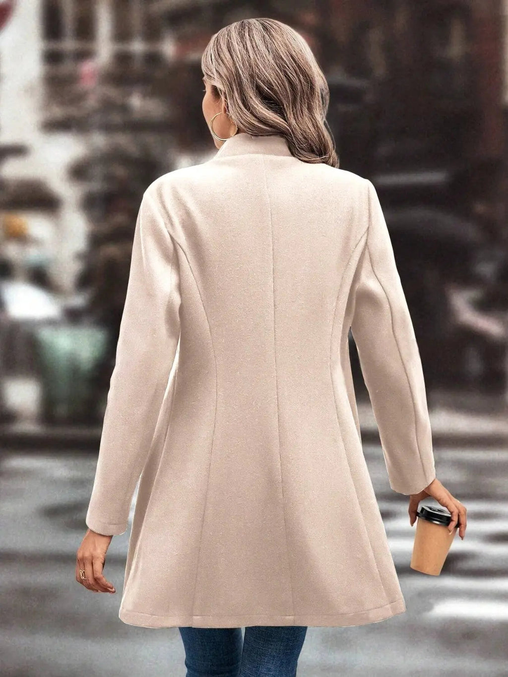 Collared Neck Long Sleeve Womens Longline Coat
