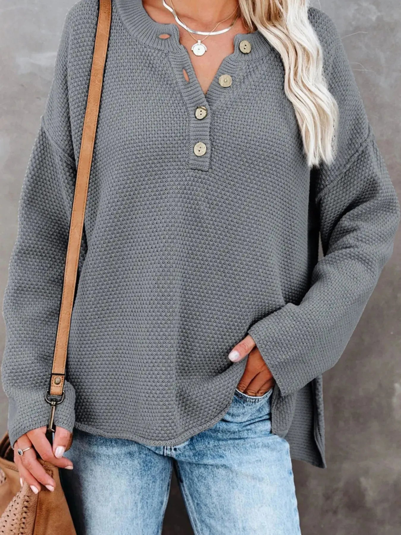 Waffle-Knit Button Detail Long Sleeve Knit Top