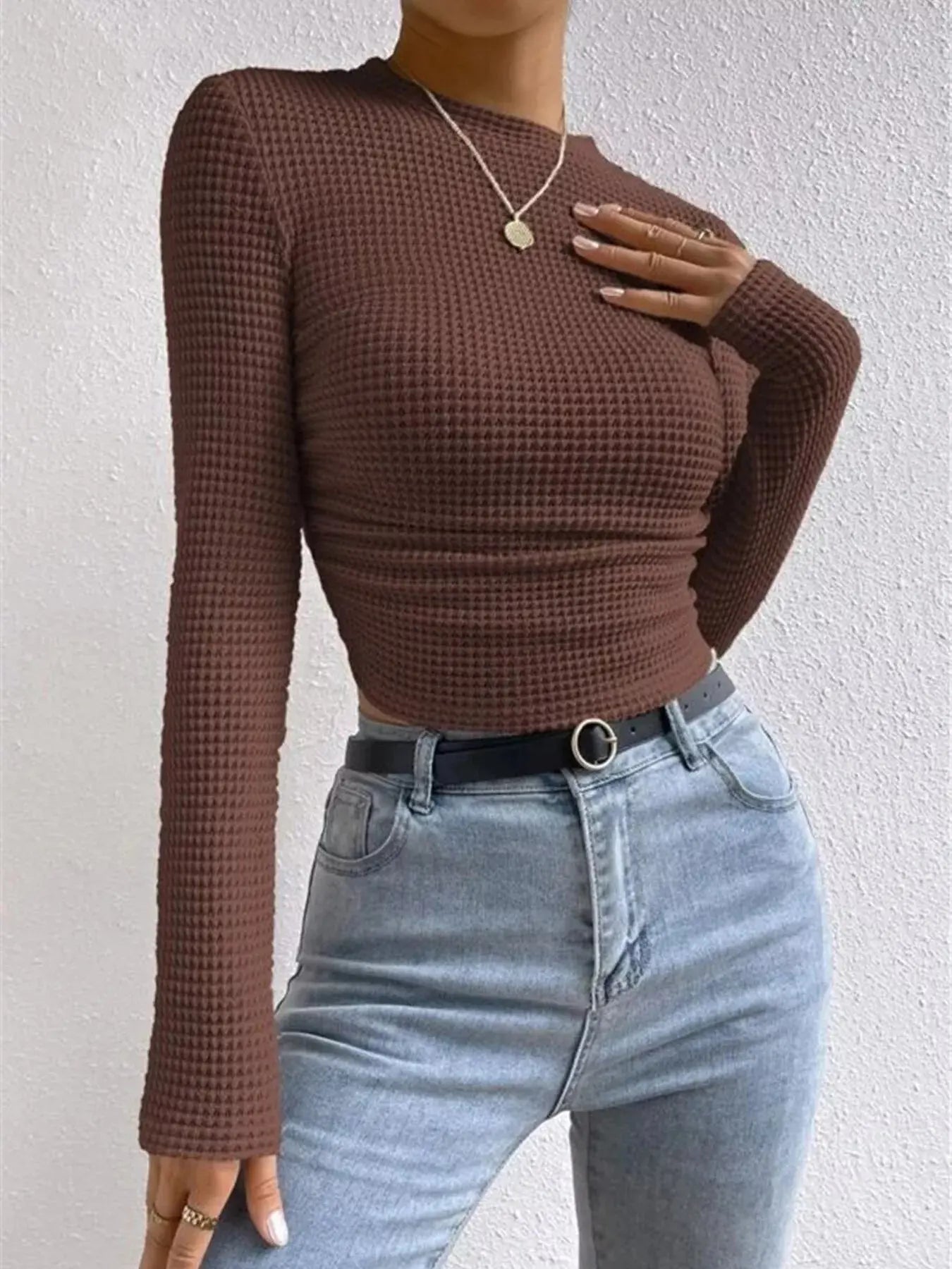 Waffle Knit Long Sleeve T Shirt