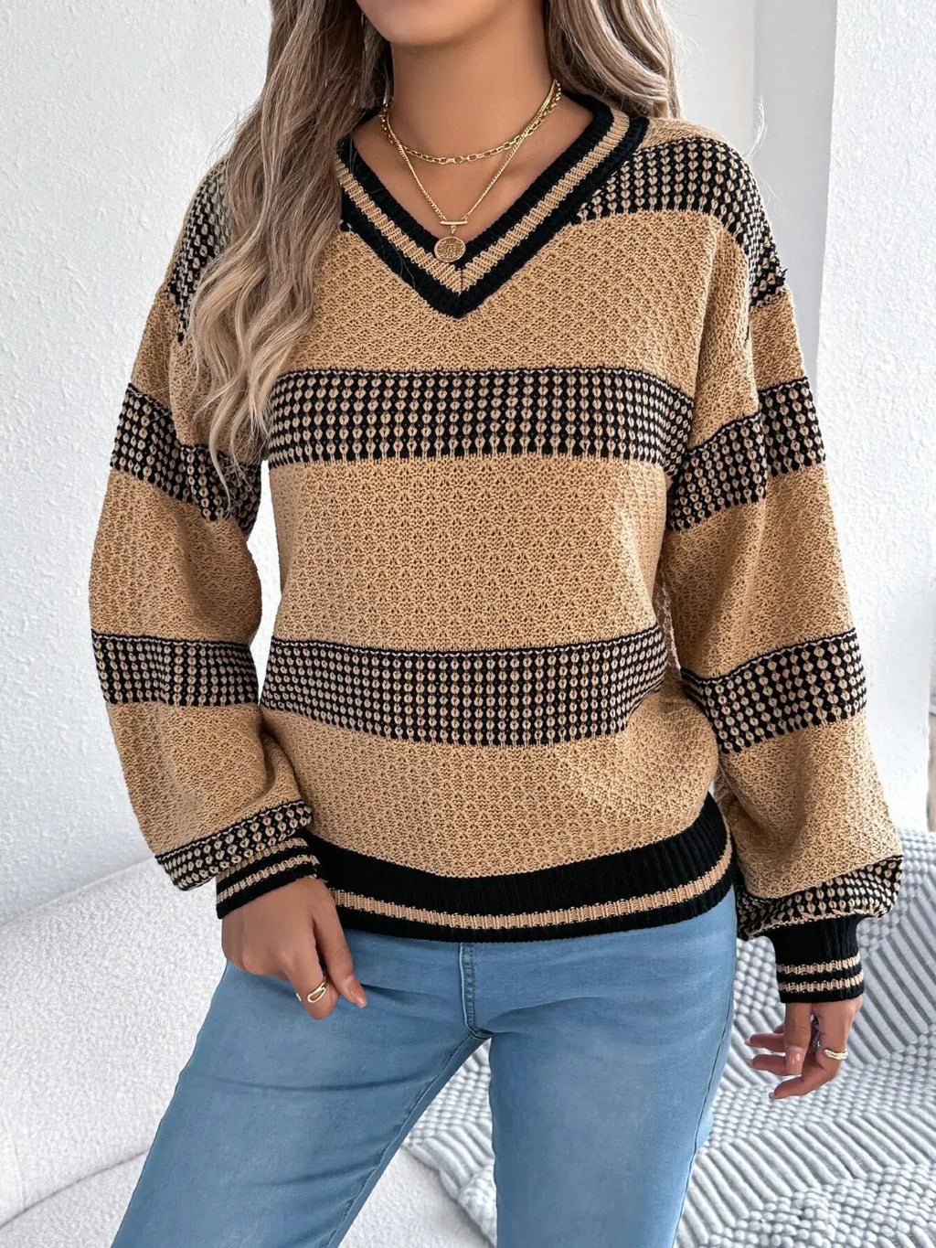 Contrast Striped V Neck Sweater