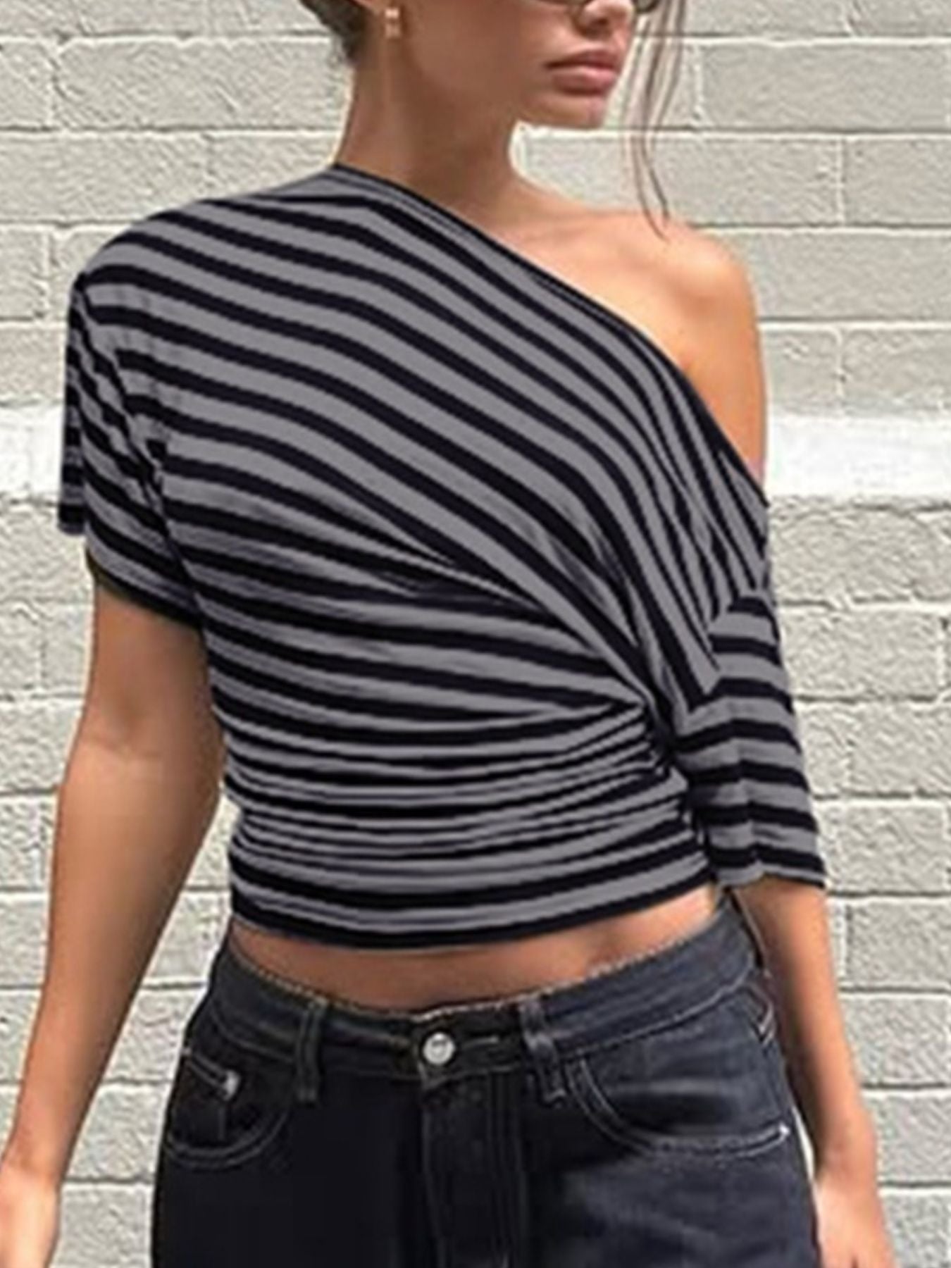Striped One Shoulder T Shirt