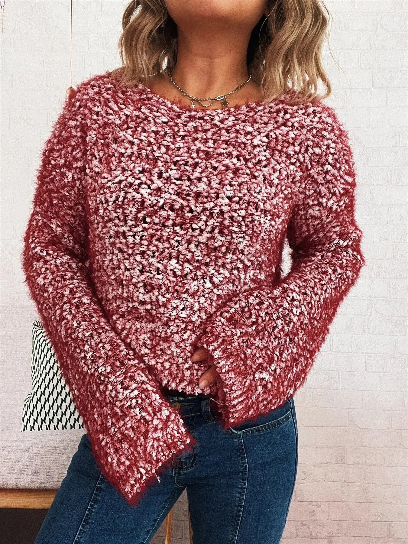 Crochet Dropped Shoulder Round Neck Sweater