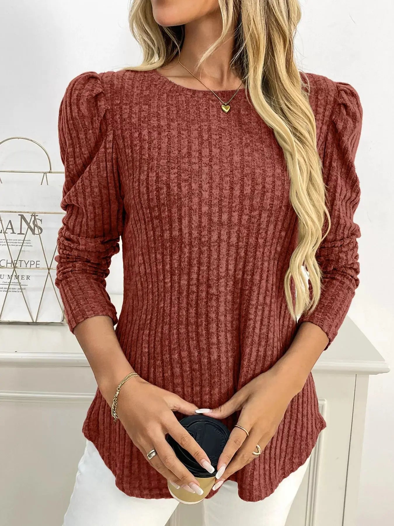 Round Neck Puff Sleeve T Shirt