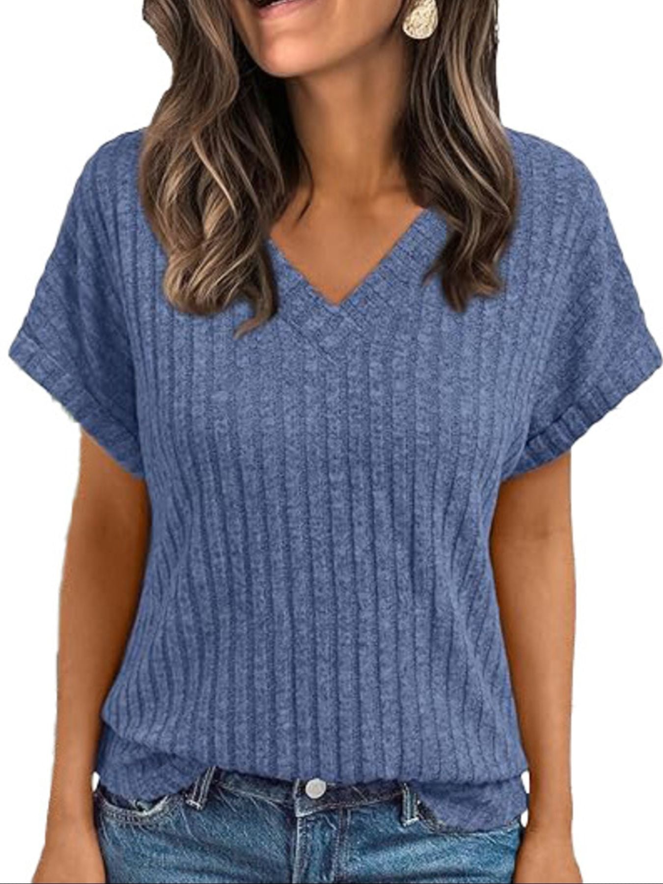 Ribbed Knit V Neck Relaxed Fit T Shirt