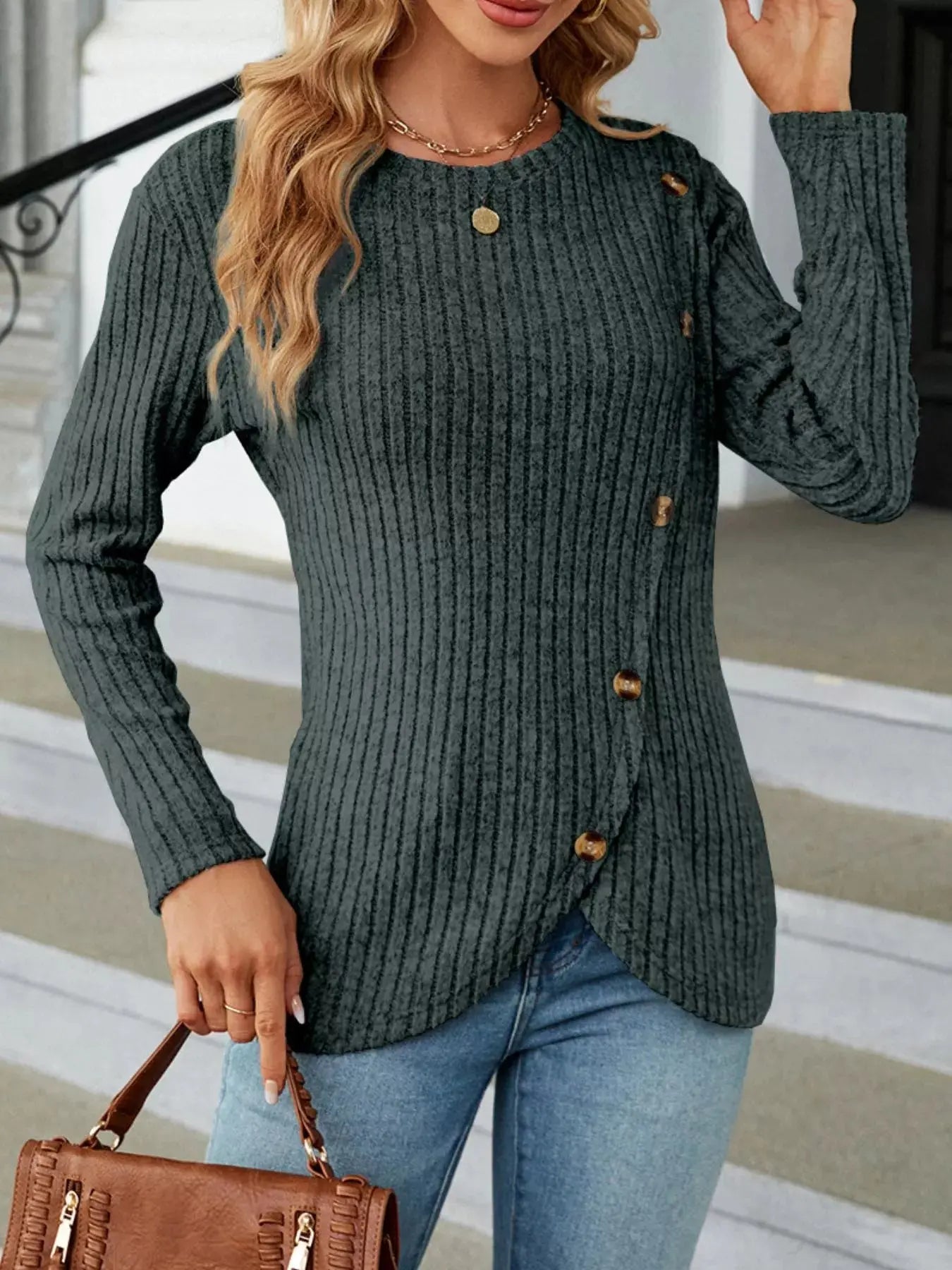 Decorative Button Ribbed Knit T Shirt