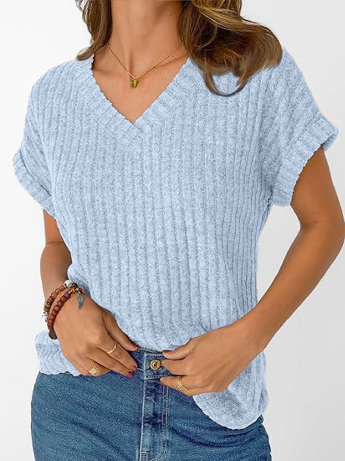 Ribbed Knit V Neck Relaxed Fit T Shirt