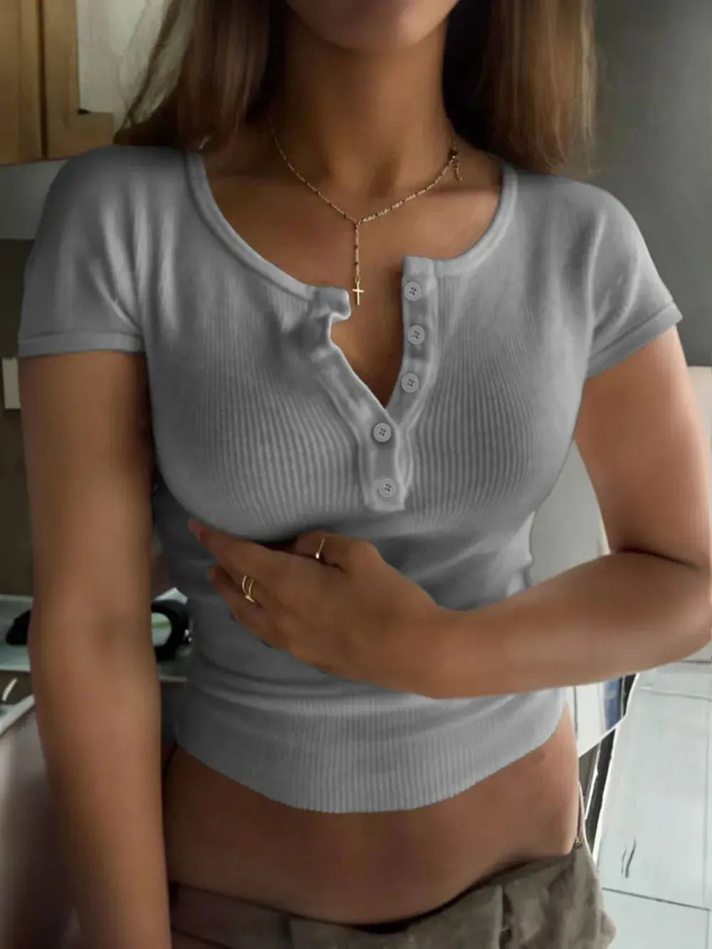 Ribbed Button Detail Round Neck Short Sleeve T Shirt