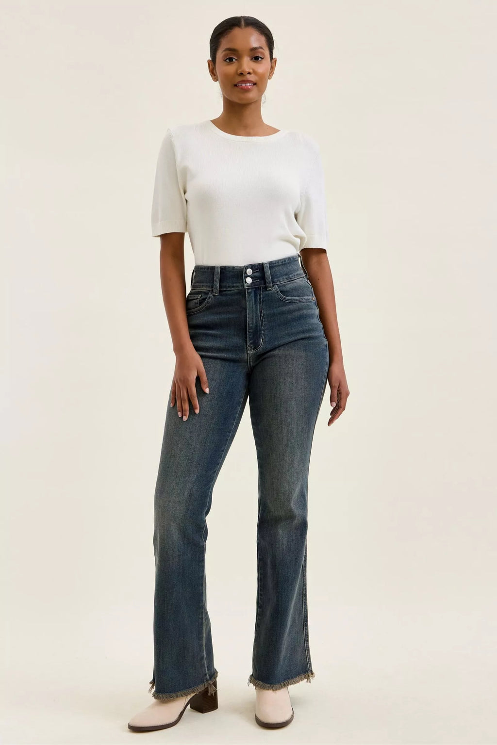 Judy Blue Double Button High Waist Frayed Hem Jeans