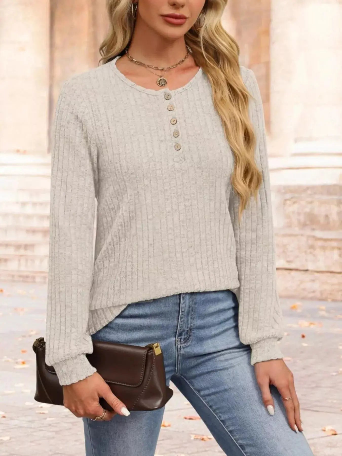 Ribbed Knit Button Front Long Sleeve T Shirt