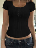 Ribbed Button Detail Round Neck Short Sleeve T Shirt