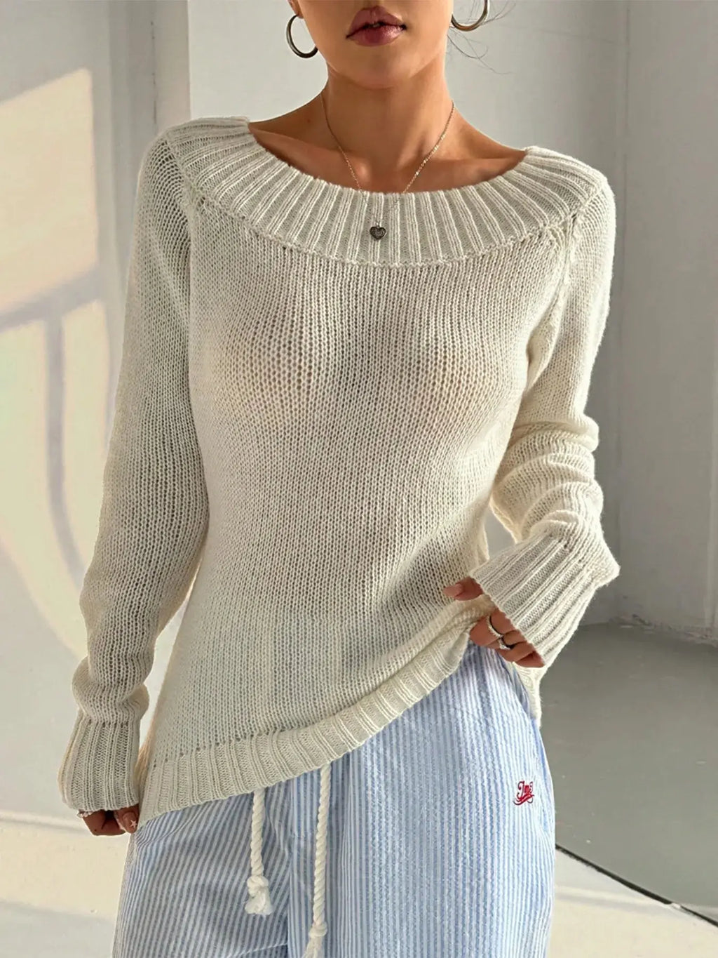Ribbed Knit Boat Neck Sweater