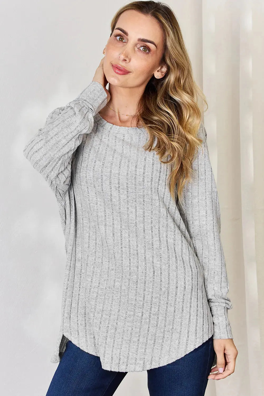 Basic Bae Ribbed Round Neck Slit Womens Long Sleeve T Shirt – Full & Plus Size