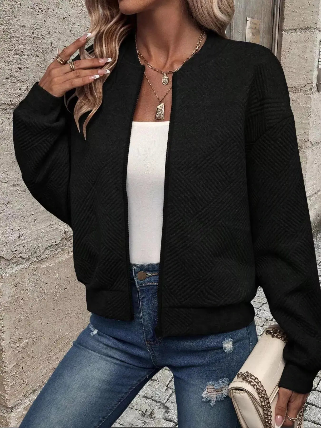 Texture Zip Up Bomber Jacket