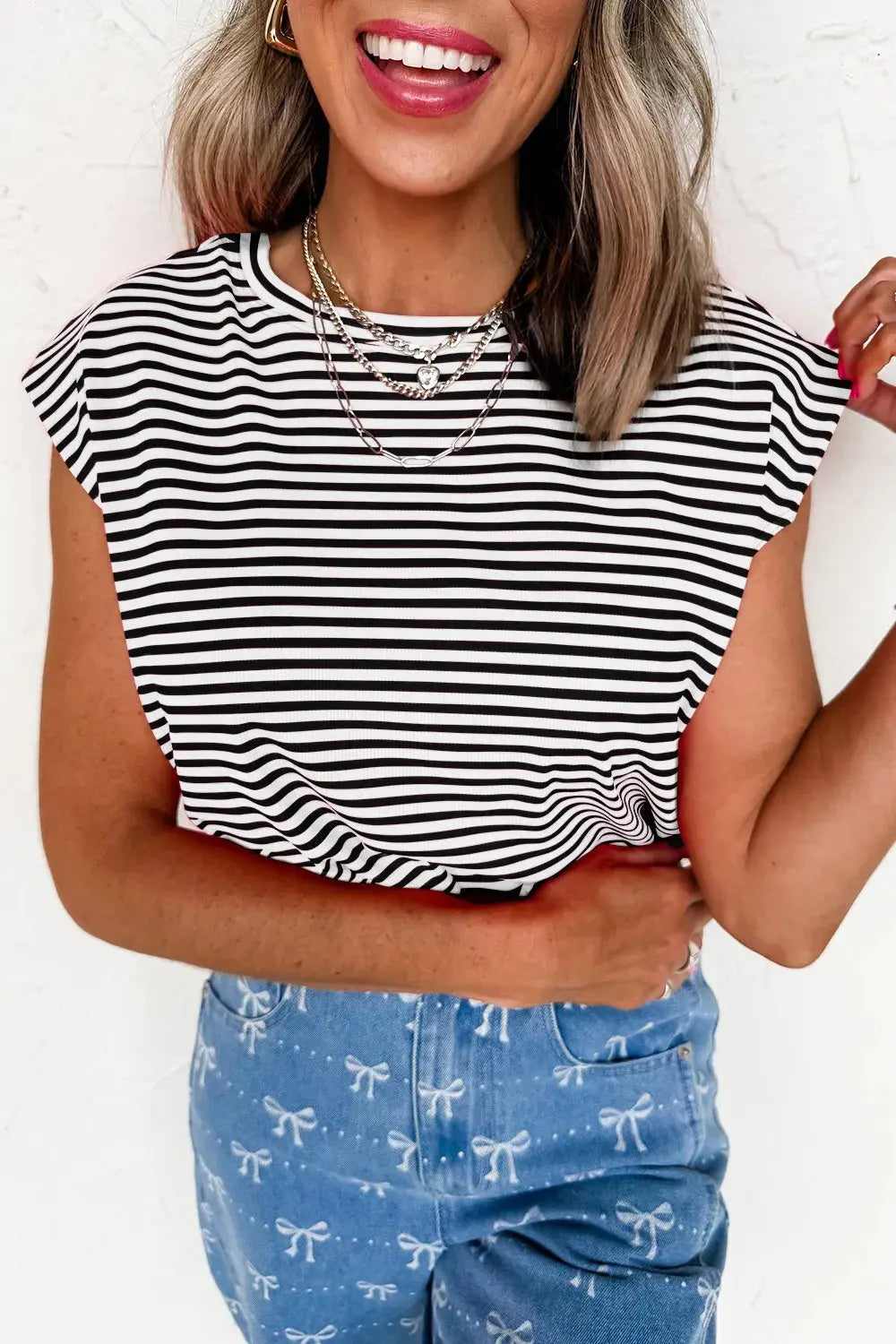 Striped Round Neck Cap Sleeve Slim Fit T Shirt