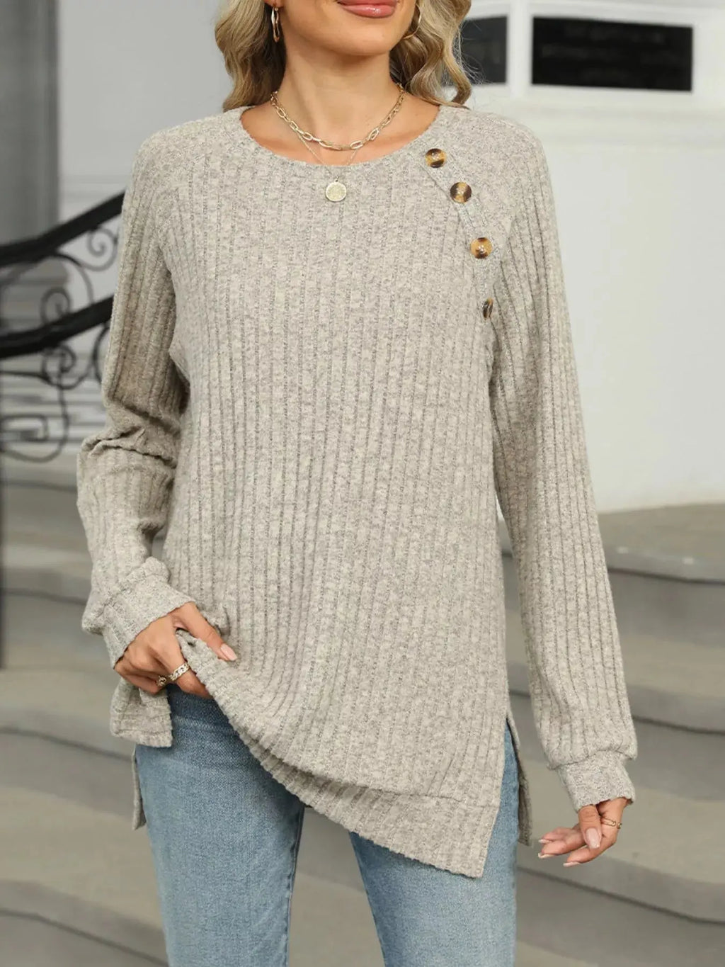 Cozy Chic Ribbed Button Detail Long Sleeve Tunic