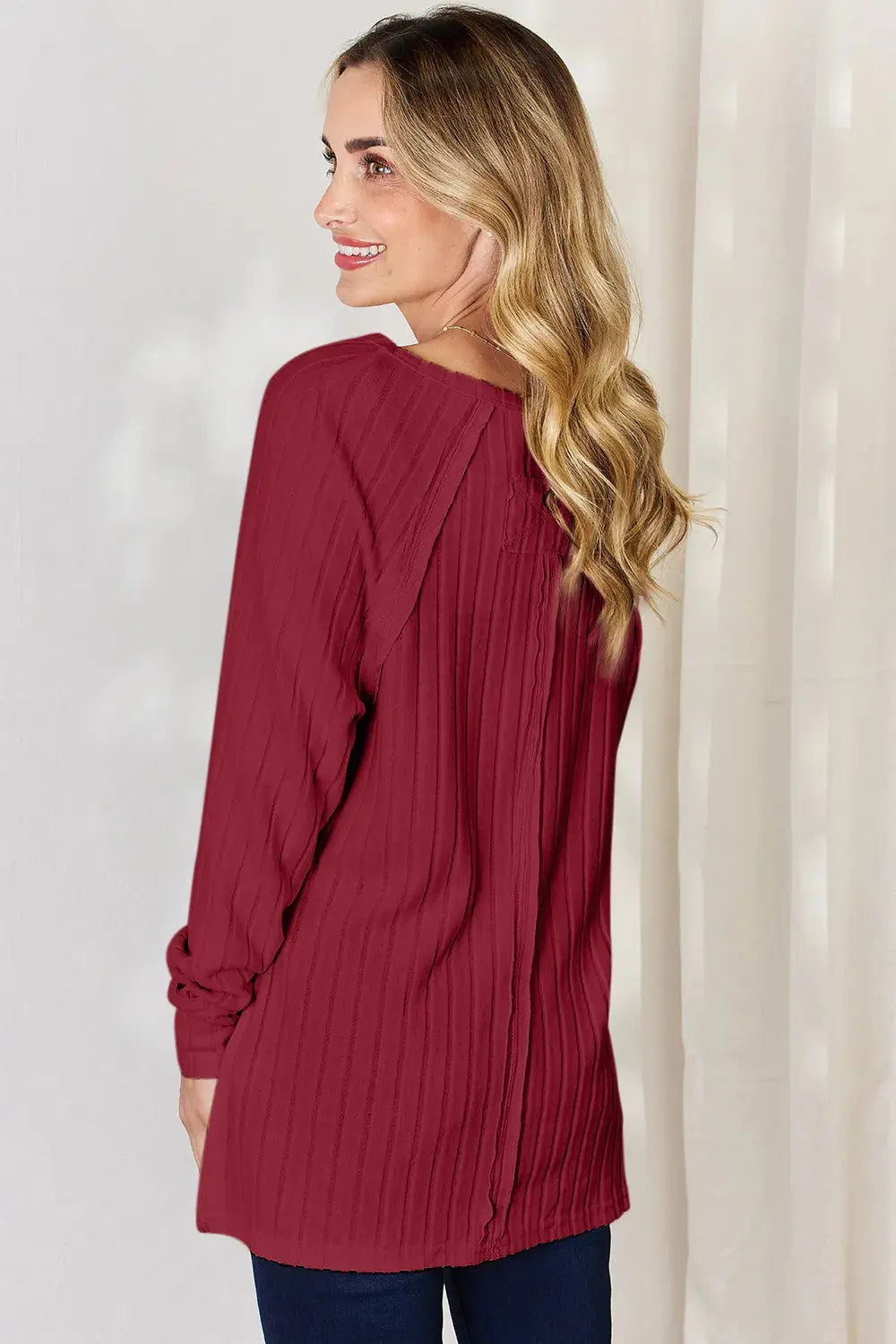 Basic Bae Ribbed Round Neck Slit Womens Long Sleeve T Shirt – Full & Plus Size