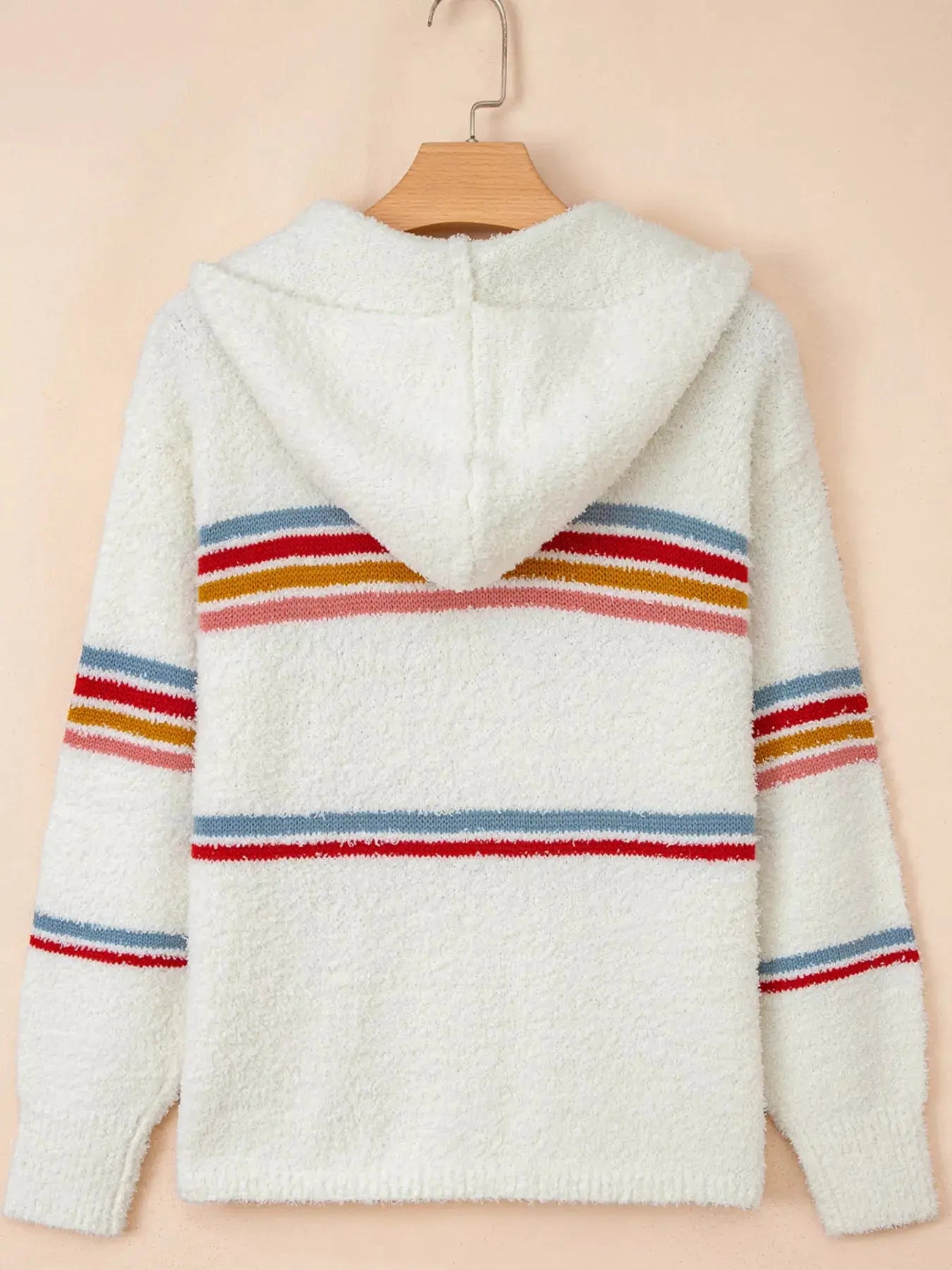 Multicolored Striped Accent Popcorn Hooded Sweater