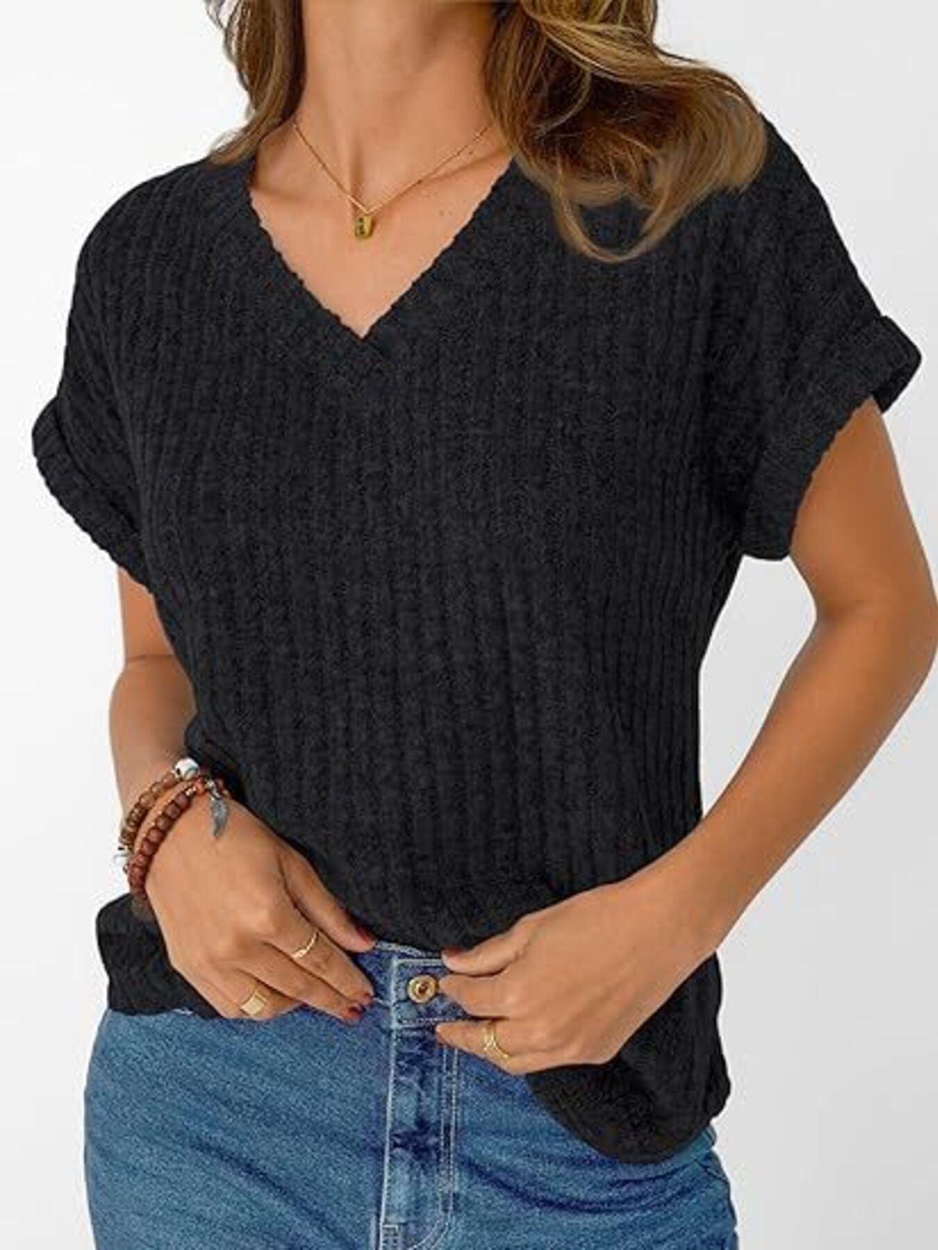 Ribbed Knit V Neck Relaxed Fit T Shirt