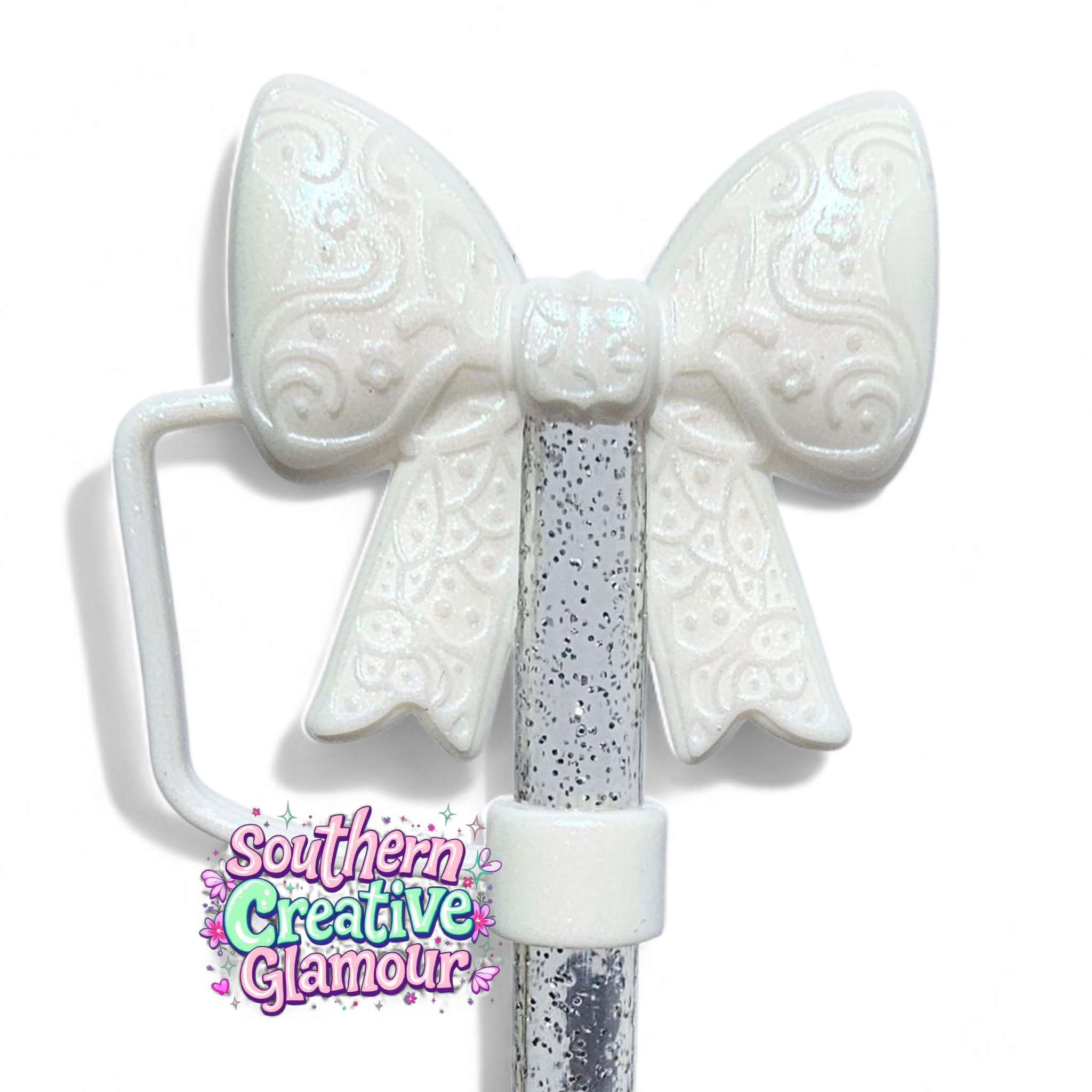Paisley Princess 3D Bow Silicone 10mm Straw Topper | Pearl Shimmer