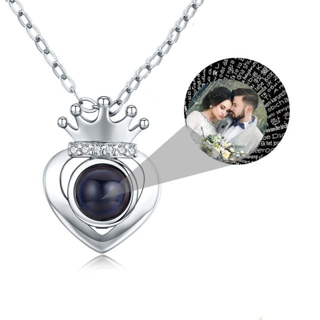 Customized Projection Photo Rose Gold Silver Color Projection Heart Crown Pendant Necklace