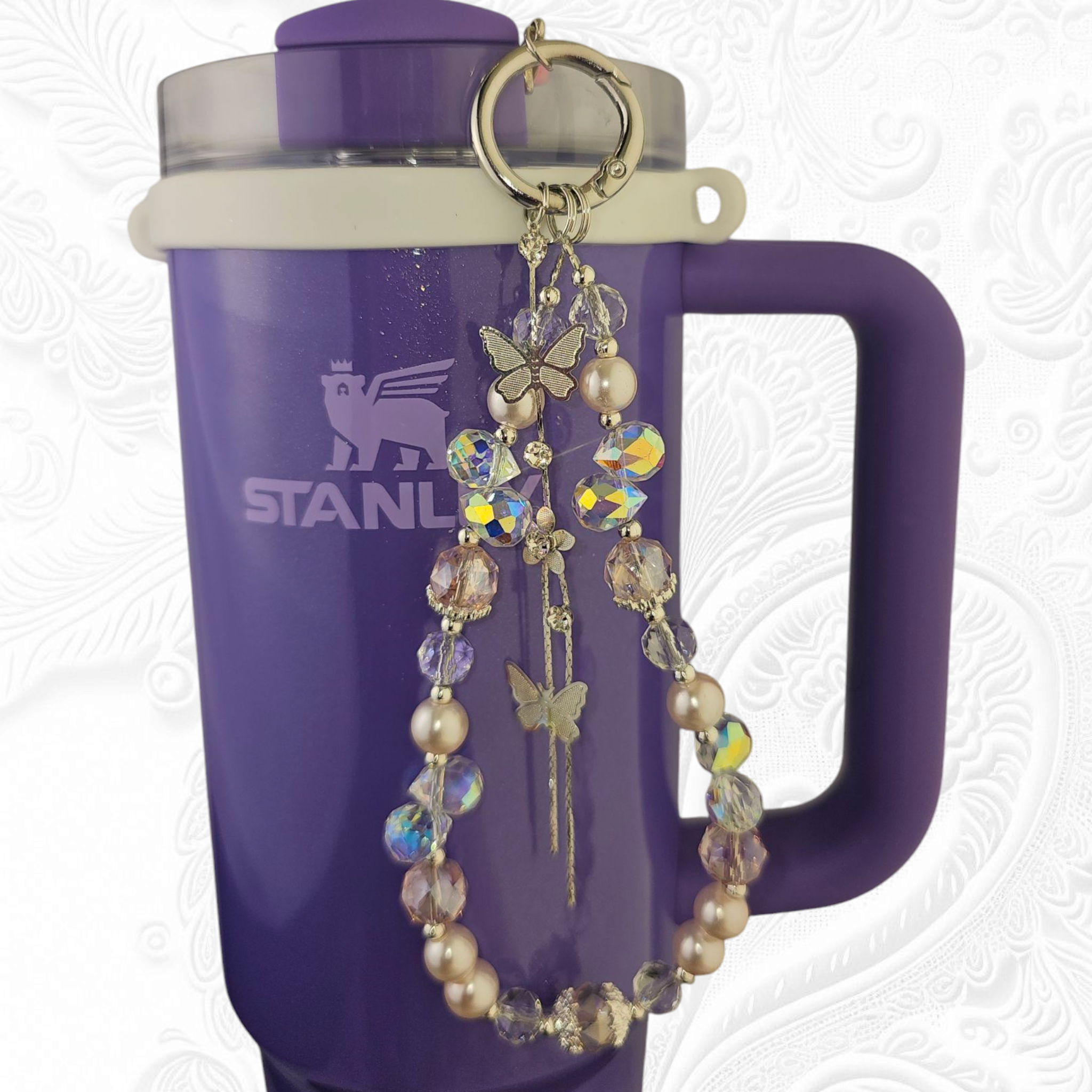 Deluxe Butterfly Beaded Tumbler Charm Necklace  - Pink